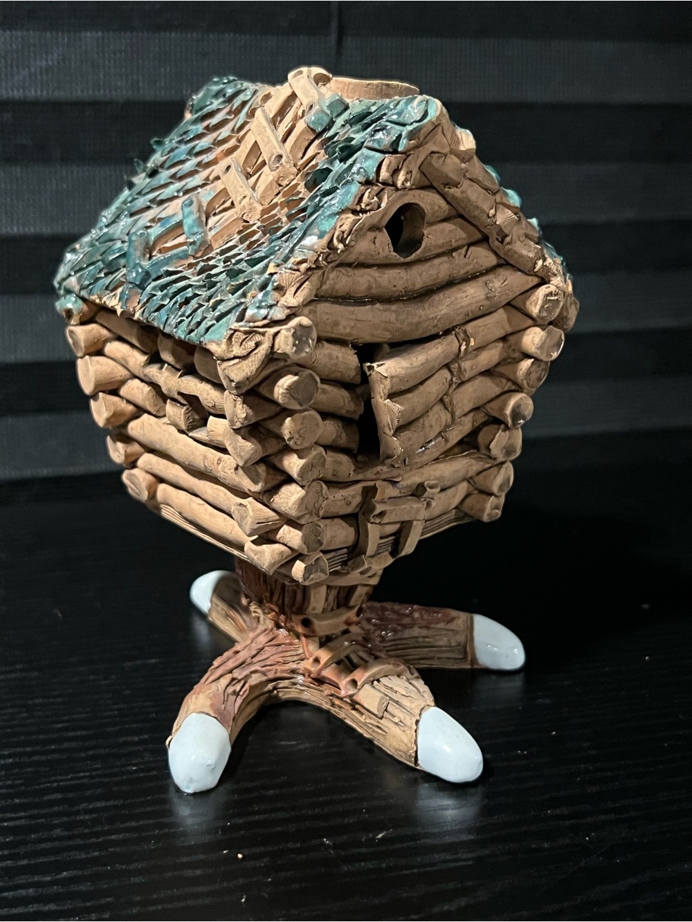 Handcrafted Log Cabin candle holder Decorative Sculpture in Brown with Teal Roof